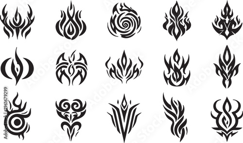 Tribal flame tattoo designs: vector set of fire elements eps silhouette