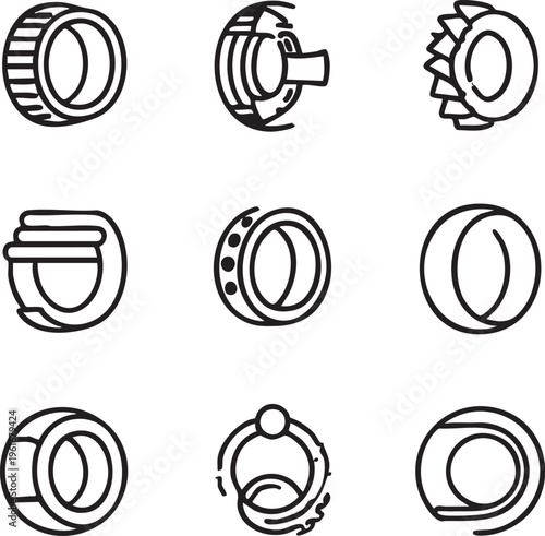 Vector icons set: mechanical bearings, gears, and rings - industrial design elements eps silhouette