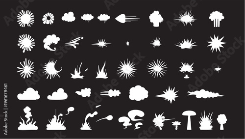 Cartoon explosion effects vector pack: comic book style boom, cloud, and smoke elements eps silhouette