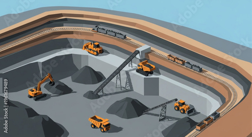 Open-Pit Mining Operation with Heavy Machinery and Conveyor Belts.