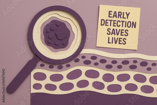Early cancer detection saves lives concept with magnifying glass on cell layers. medical illustration showing tumor on skin tissue for awareness, health, and screening