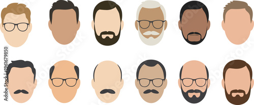 Minimalist flat vector avatar collection featuring diverse men with various hairstyles beards and glasses for user profile icons and web design