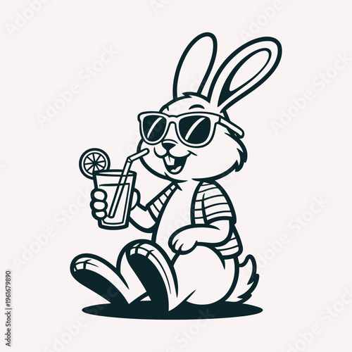 Cute rabbit drinking fresh juice with sunglasses cartoon mascot vector. Perfect for beverage branding lifestyle graphics and cartoon mascot design.