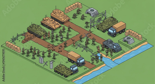 Isometric Military Base with Tanks, Trucks, and Soldiers Illustration.