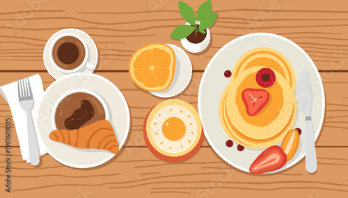 A flat lay image of a coffee cup and croissant, evoking a cozy and inviting mood. Perfect for showcasing breakfast options or cafe promotions.