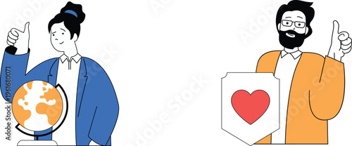 Professional individuals celebrating global charity and support with thumbs up gestures and symbolic items