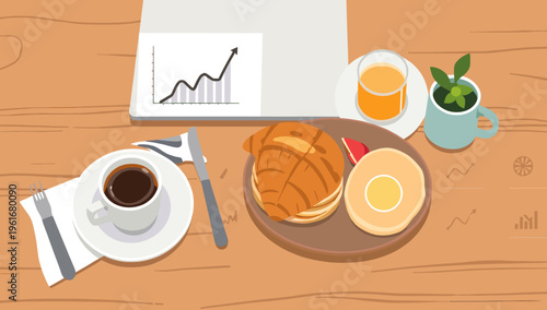 A minimalist illustration depicting a cup of coffee and a fork, creating a warm and inviting atmosphere. Perfect for cafe menus, breakfast promotions,