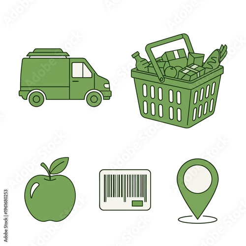 Green Grocery Delivery Icons Set.