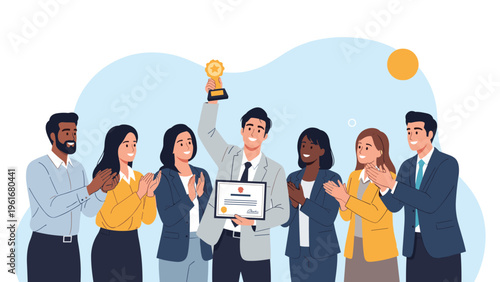Successful businessman holds a gold trophy and an award certificate while his diverse colleagues applaud his professional achievement.