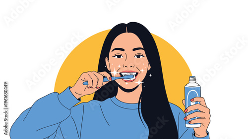 Young woman with long dark hair brushes her teeth and looks at herself in a mirror, emphasizing the importance of daily dental hygiene.