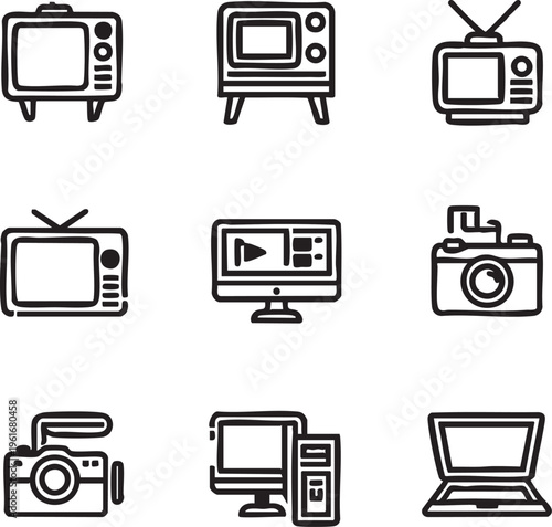 Vector icons: technology, media, and communication devices - tv, camera, computer, laptop eps silhouette
