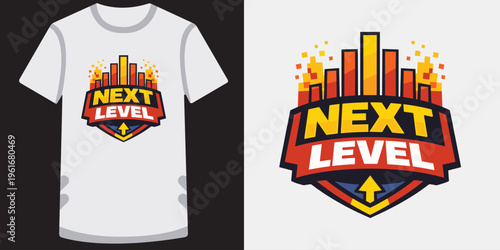 Colorful next level gaming logo design on a white tshirt perfect for gamers and esports enthusiasts looking to showcase their skills