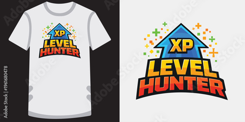 Colorful gaming tshirt design featuring a vibrant xp level hunter logo with bold typography and pixelated elements perfect for gamers and esports enthusiasts
