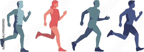 Set of diverse men and women running silhouettes in flat vector style for fitness sports training marathon and healthy active lifestyle concepts isolated on white.