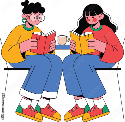 Two young girls reading books on a bench