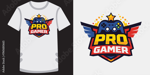 Colorful pro gamer logo design with game controller and star for esports enthusiasts and gaming fans perfect for tshirt print and merchandise
