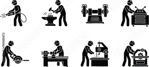 Industrial worker icons with safety helmets showing welding, forging, grinding, machining, drilling, sawing, assembly, and manufacturing processes for 