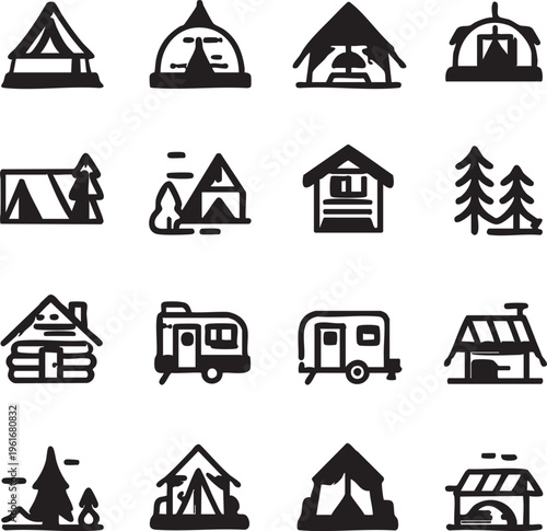 Camping icons vector: tents, cabins, rvs, and nature elements eps silhouette