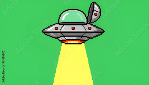 UFO Spaceship Pixel Art with Yellow Light Beam and Open Hatch