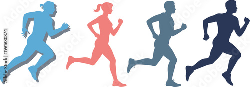 Set of diverse men and women running silhouettes in flat vector style for fitness sports training marathon and healthy active lifestyle concepts isolated on white