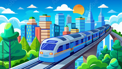 A blue train traveling through a city on a bridge