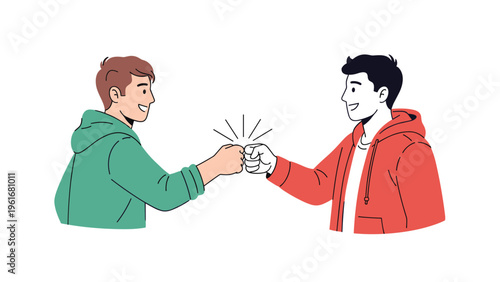 Two young male friends give each other a friendly fist bump, representing strong friendship, agreement, support, and social connection.