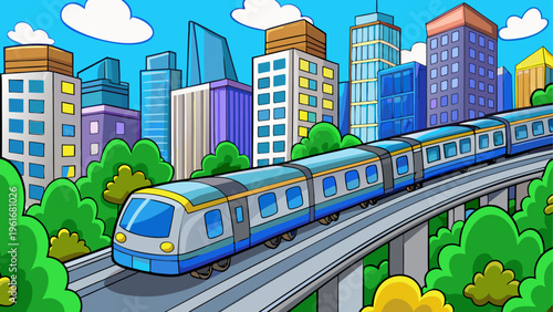 A train traveling on a track through a city