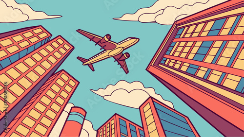 Airplane flying over city buildings