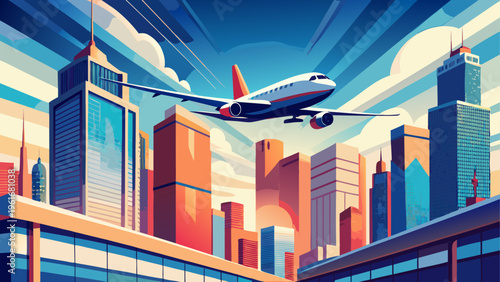 Airplane flying over a city skyline with tall buildings