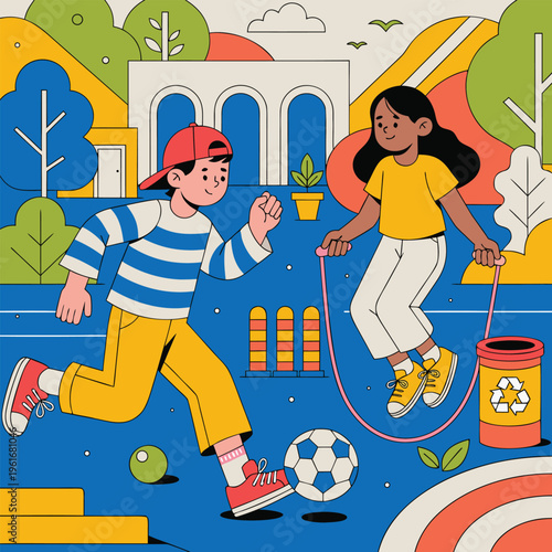 Children playing with jump rope in a park