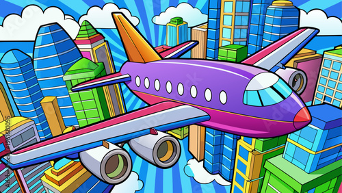 A purple airplane flying over a city
