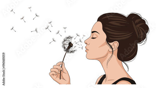 Profile view of a beautiful young woman blowing on a dandelion flower and watching the seeds fly away against a clean white background.