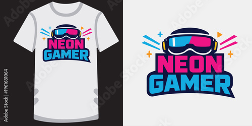 Colorful retro gaming logo design featuring neon goggles and vibrant text perfect for esports and gaming enthusiasts tshirt print