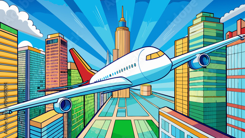 A cartoon airplane flying over a city
