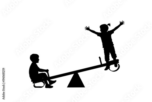 Playground Joy: Silhouette of two children playing on a seesaw, one high in the air with arms outstretched, exuding pure glee. An illustration of childhood play, freedom.