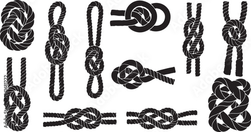 Various nautical knots and rope ties on white background