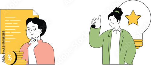 A thoughtful person pondering finances while another celebrates a bright idea and success with enthusiasm and a star