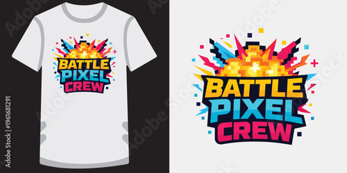 Colorful retro gaming tshirt design featuring vibrant pixel art explosion with bold text ideal for gamers and esports fans looking for trendy apparel