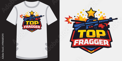 Colorful retro gaming tshirt design featuring vibrant top fragger emblem with pixelated guns and explosion effects ideal for gamers and esports fans