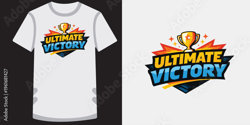 Colorful ultimate victory graphic design with trophy and vibrant text for tshirts and merchandise display