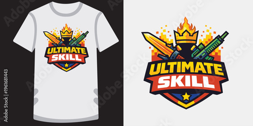 Colorful vibrant gaming tshirt design featuring ultimate skill emblem with swords guns crown and flames perfect for esports gamers and enthusiasts
