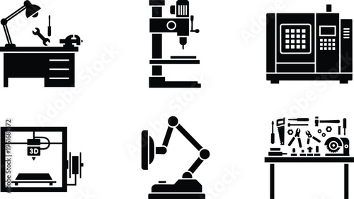 Modern manufacturing workshop icons featuring CNC machine, drill press, robotic arm, 3D printer, and tool benches with essential equipment for prototyping, engineering, and industrial design.