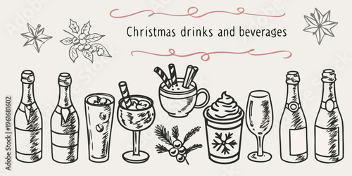 Sketch of festive christmas drinks and beverage arrangements for celebrations