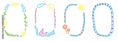 Simple hand drawn borders with soft color and chalk texture. Crayon kindergarten frame set perfect for certificates, stories and photo frames.