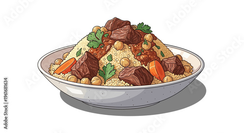 Delicious couscous dish with meat, chickpeas, and carrots in a white bowl.