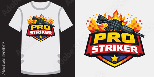 Creative bold gaming tshirt design featuring a vibrant pro striker emblem with stylized flames and rifle graphic ideal for esports fans and gamers