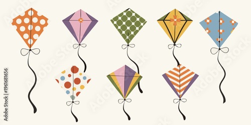 A collection of colorful patterned diamond shaped kites floating freely