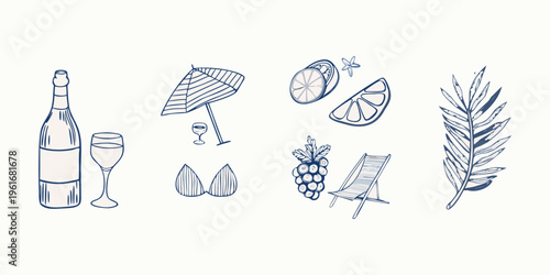 Summer themed sketches champagne citrus beach chair and tropical leaves