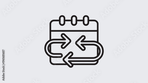 A simple black and white icon of a calendar with arrows indicating a change in dates or scheduling.