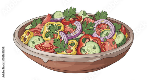 Fresh vegetable salad in a rustic bowl, healthy food illustration